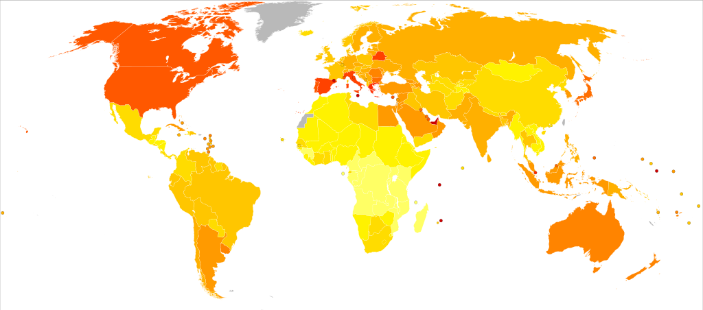 Rates of diabetes worldwide in 2000 (per 1,000 inhabitants) — world average was 2.8%.