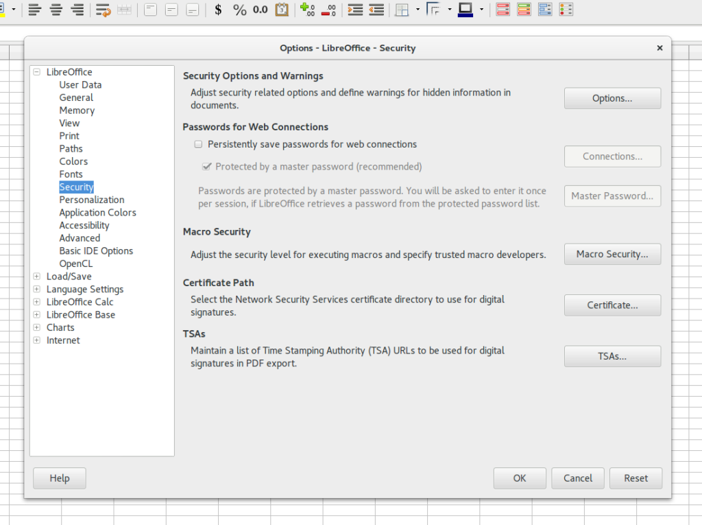 Screenshot of Libreoffice Option Settings