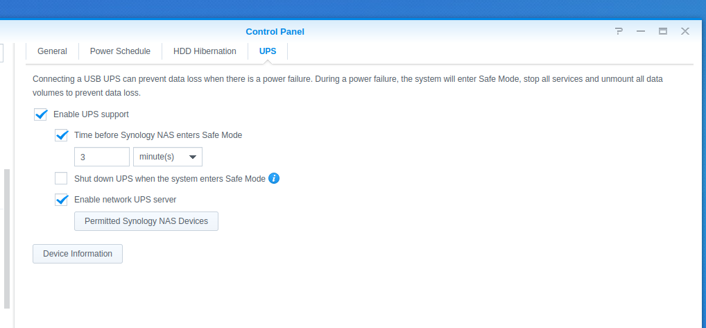Synology -  Power UPS support screen