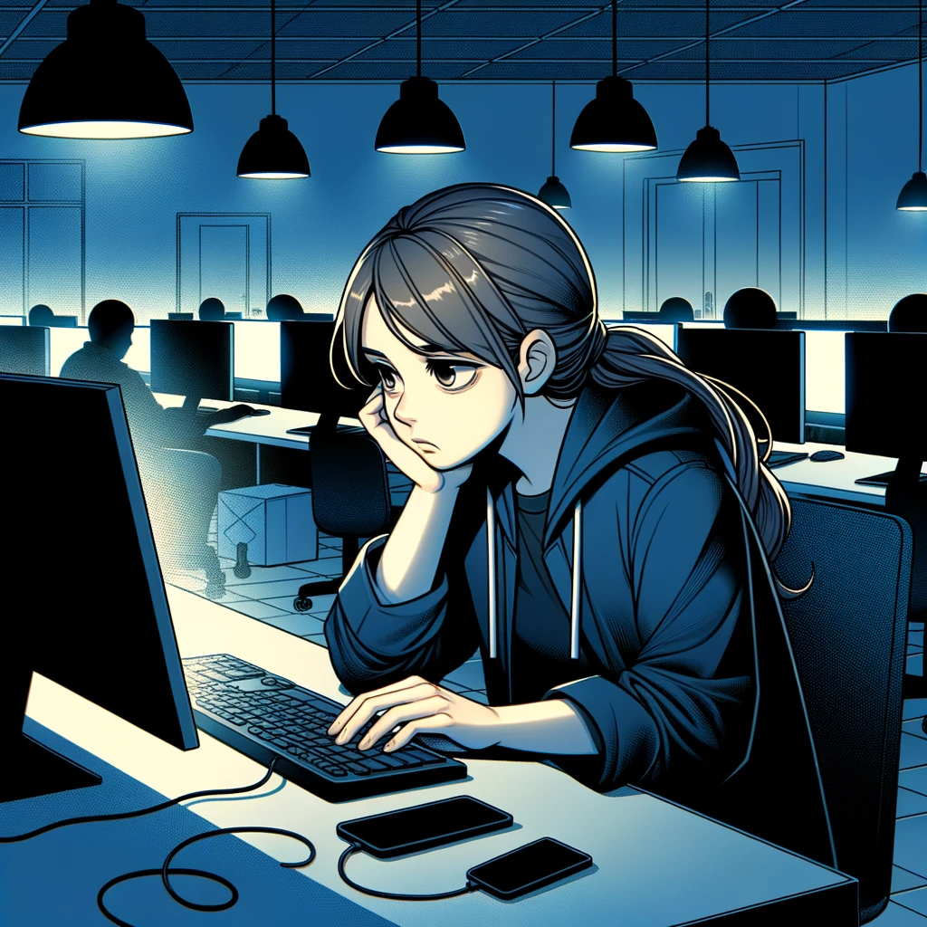 An illustration of a female software engineer, engrossed in her work at night in front of her computer. She looks visibly fatigued, with bags under her eyes and a weary expression on her face. The setting should include several work tables with computers, all unoccupied except for hers. The room should be illuminated only by the light of her computer screen and any other small sources of light, creating a sense of isolation and dedication.