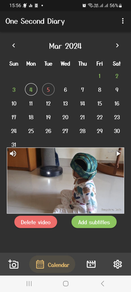 One Second Diary App - Calendar View