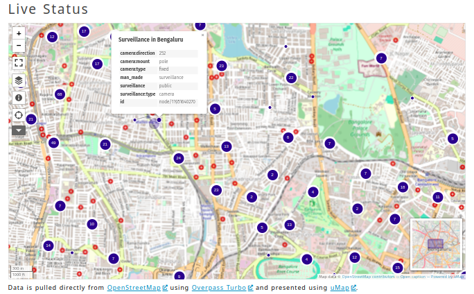 Screenshot of the uMap embedding on Surveillance in Bengaluru project. Showing the CCTV data pulled using the Remote URL feature and Overpass Turbo.